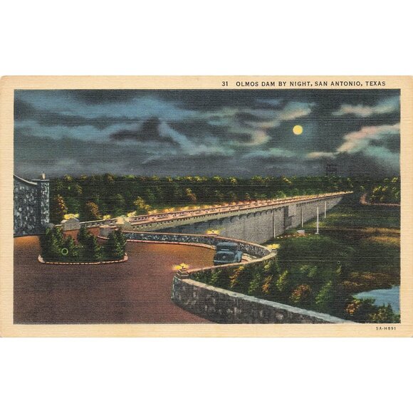 Postcard Olmos Dam by Night San Antonio Texas Vintage Linen Unposted 1930-1950 - Picture 1 of 2